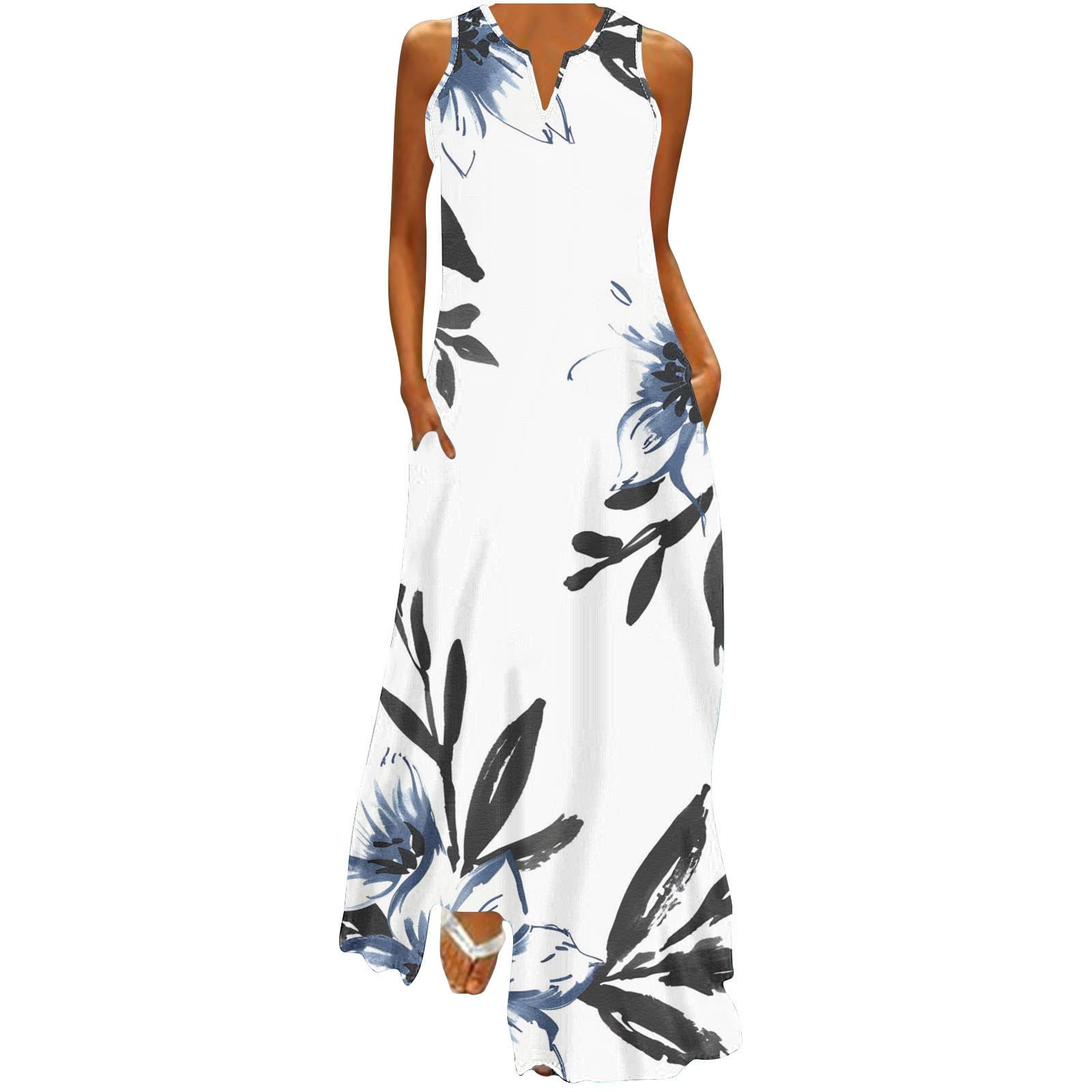 AQAYL Summer Dresses for Women 2025 Boho Floral Maxi Dresses Sleeveless V Neck Sundress Trendy Beach Vacation Clothes
