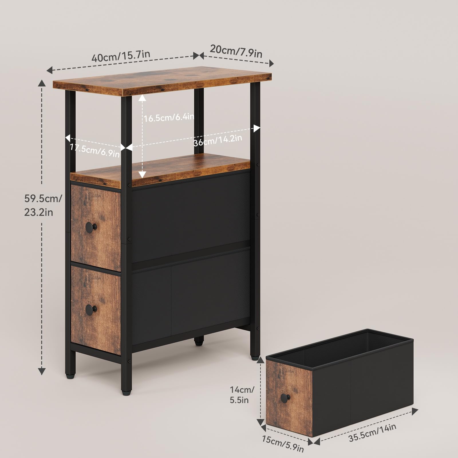 YMYNY Tavolino Salotto Stretto 2 pezzi, Comodino con 2 Cassetti in Tessuto, Tavolino da Letto per Spazi Ridotti, Tavolino da Divano per Camera da Letto e Soggiorno, Marrone Rustico HST019H-2