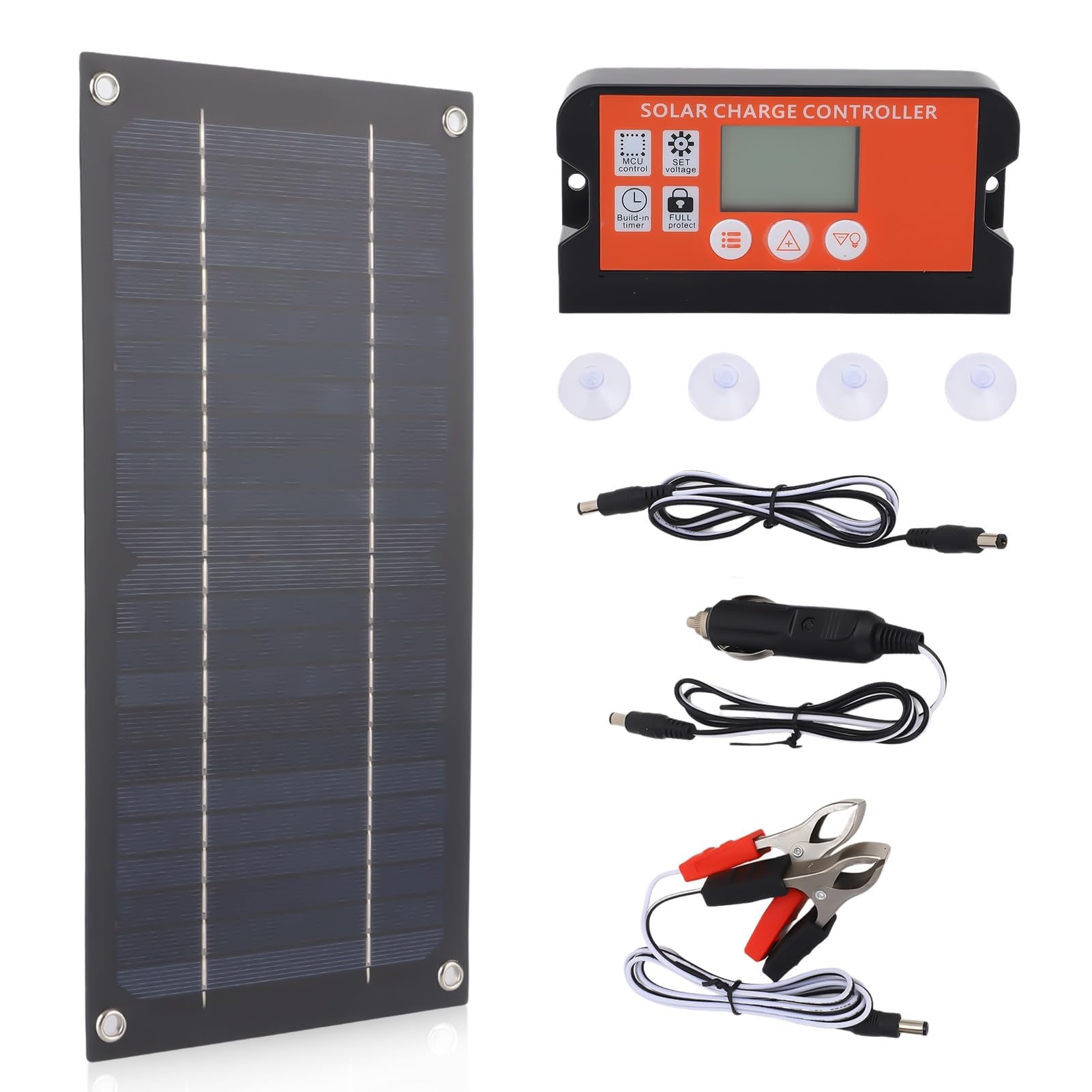 300×145mm Panneau Solaire, 20W 12/24V 100A Kit de Chargeur de Batterie de Panneau Solaire Kit de Panneau Solaire de Contrôleur de Charge avec Clip de Batterie de Câble D'extension