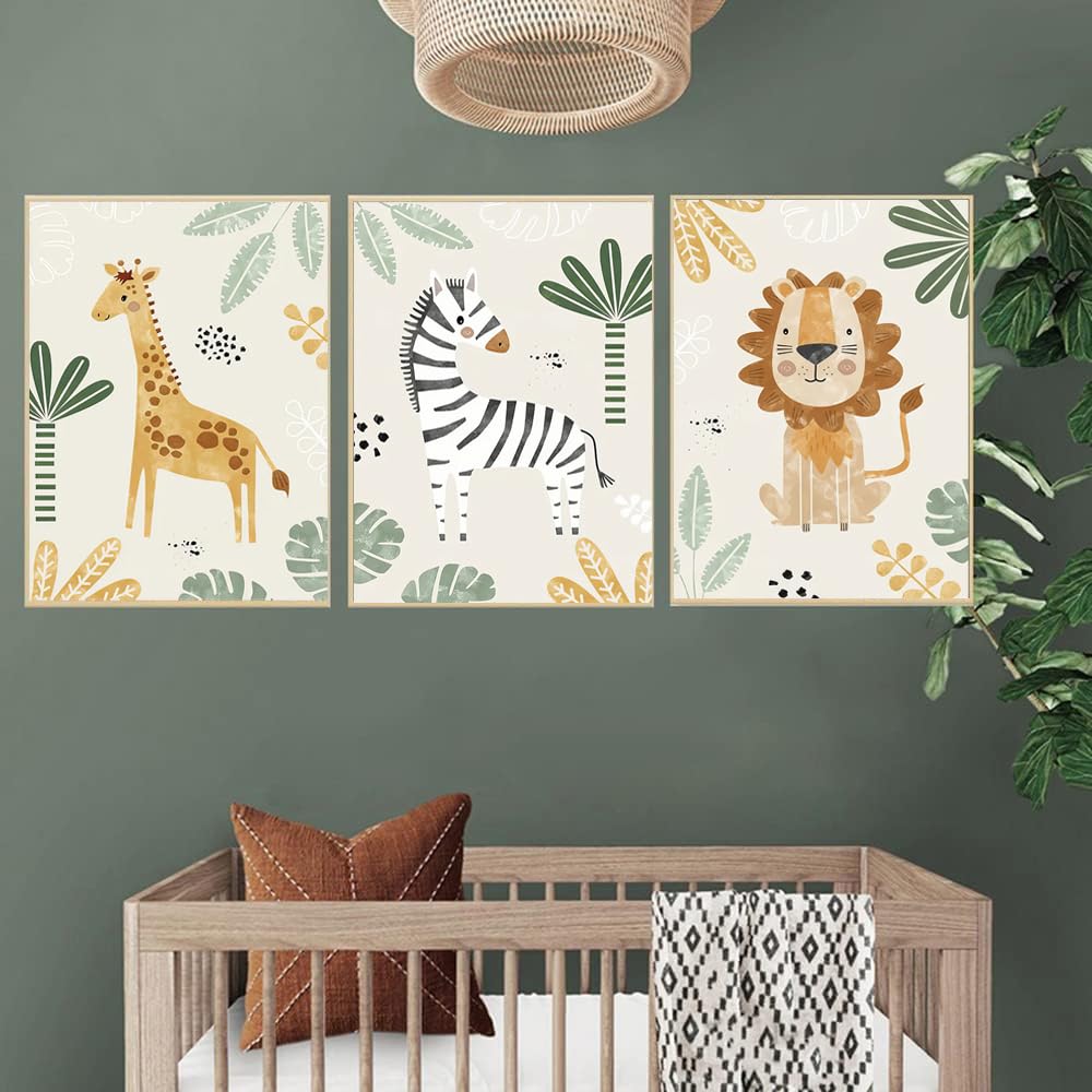3 Affiches Animaux Jungle Lion Girafe Zebre Tableau Savane Bebe Deco Chambre Bebe Garcon Vert Beige Poster Affiche Chambre Enfant Foret 30x40 Affiche Animaux Chambre Bébé sans Cadre (BYCH076-30x40)