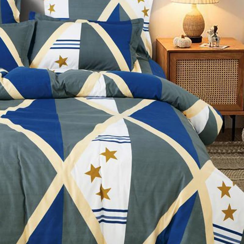 Image of Polycotton Single Bed Bedsheet, Flat Sheet with 1 Pillow Cover, Queen (60x90 inch), 300 TC, Blue & Cream, Set of 2