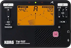 Korg Sintonizador e metrônomo TM-70T com modo de saída de som, modo transposição e modo cromático - preto