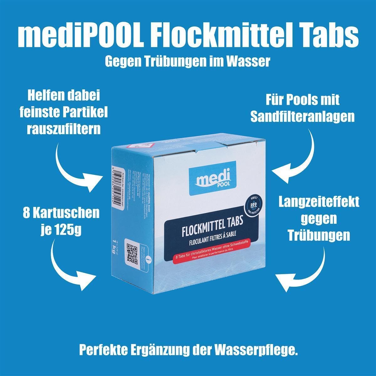 Medipool Flockmittel Tabs 3X 1 kg, gegen Trübungen, Machen feine Partikel filtrierbar, effektive Wasserpflege für Pools mit Sandfilteranlagen, einfache Anwendung, 24x 125g