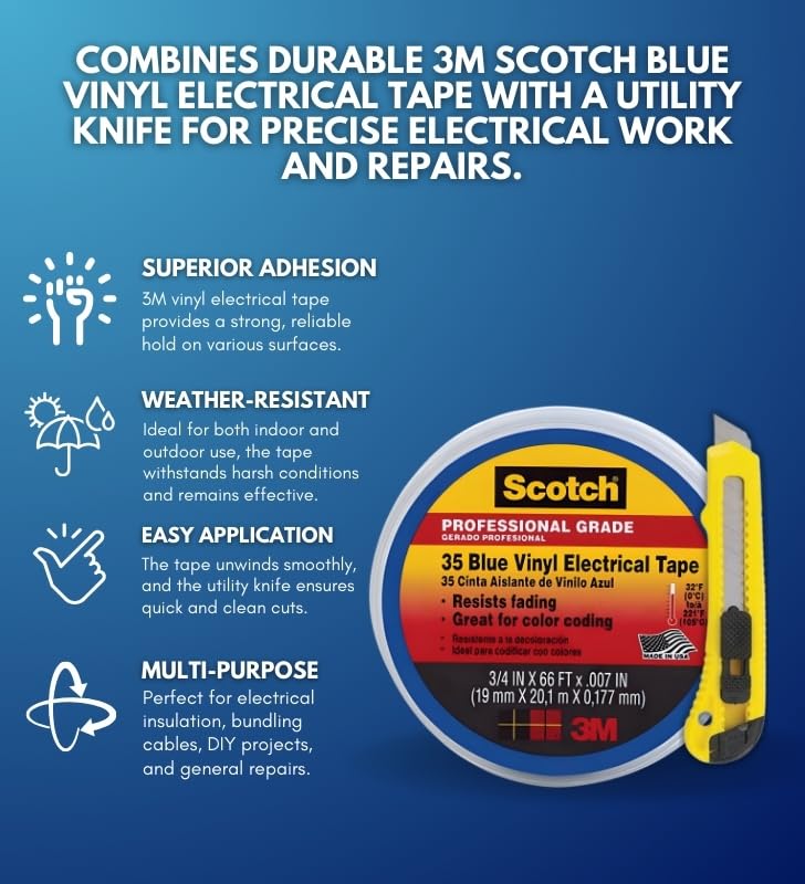 Image of Scotch 3 /4 in. W X 66 ft. L Blue Vinyl Electrical Tape Bundle with Utility Knife - Electrical Tape for Color Coding & Insulation - Indoor /Outdoor Use - (2 Items)