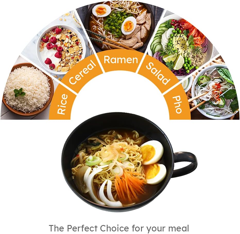 Cheapest 🛒 ACEGOODY High Grade Melamine Ramen Bowl Set - 2 Piece Bowls with Chopsticks, Scoops, Chopstick Rests - Convenient Versatile Bowl with Handle - Heat and Impact Resistant - Black Modern Design