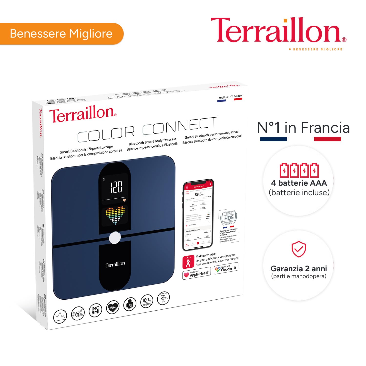 TERRAILLON - COLOR CONNECT - Bilancia connessa Bluetooth, Frequenza cardiaca, Masse: grasso-muscolare-idrico-ossea, BMI, Capacità 180 kg, Graduazione 50 g, Schermo Multi Display Colore, Blu
