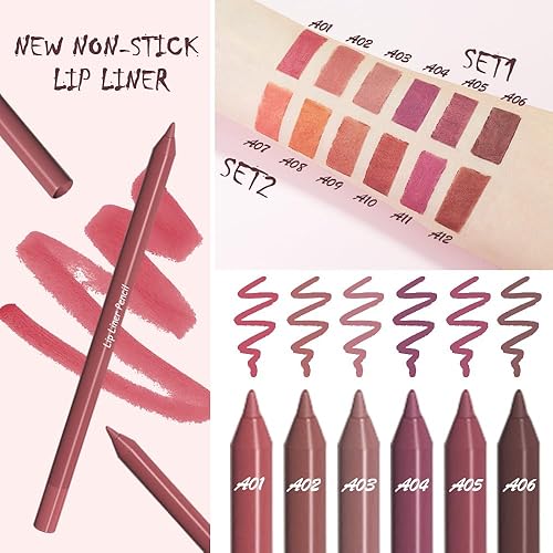 Miniatura 2 de evpct Juego de 6 lápices delineadores de labios de larga duración para dar forma y esculpir labios, color rosa rojo, nude, marrón, rosa, ciruela,