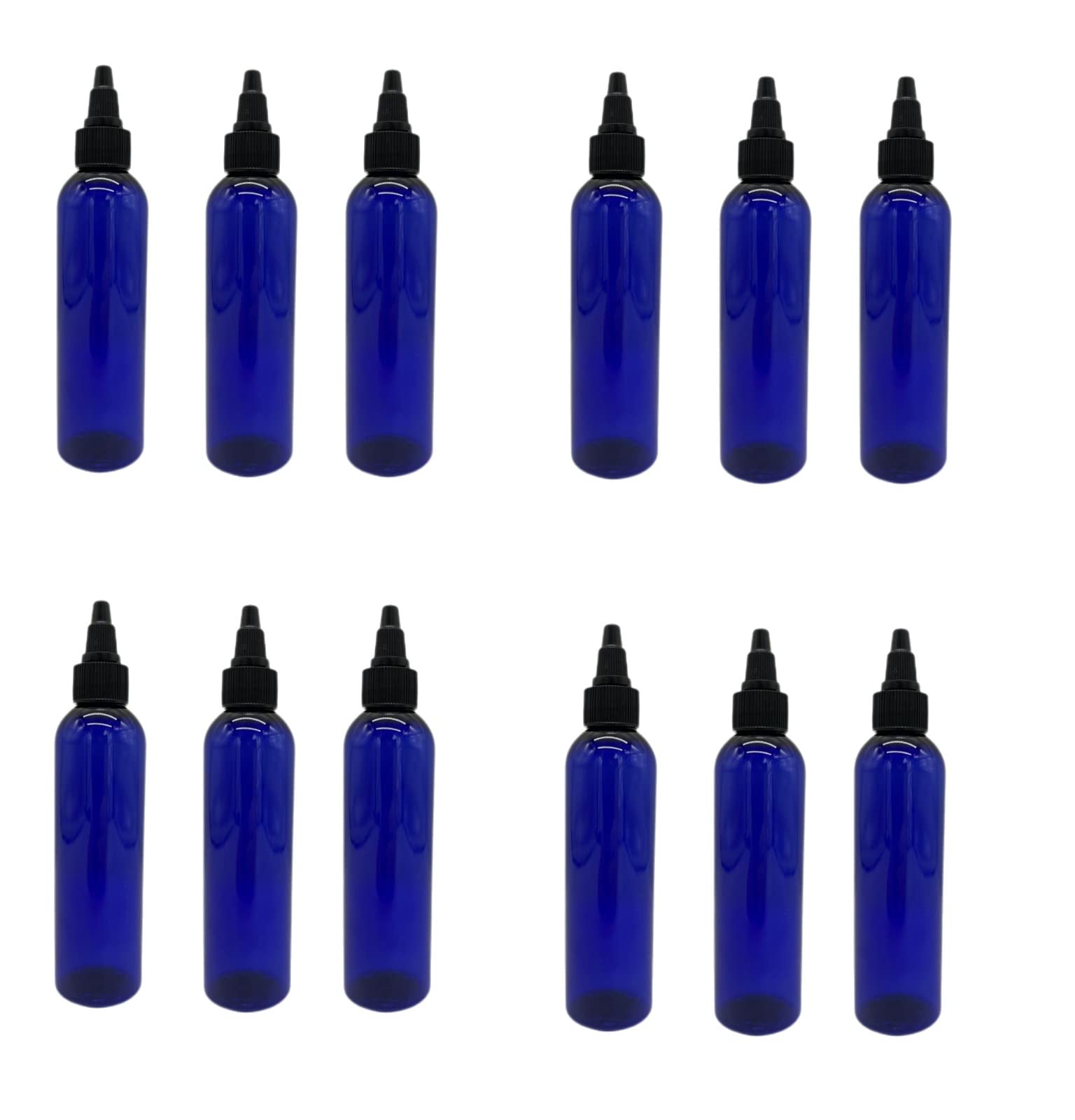 4 oz Blue Cosmo Plastic Bottles -12 Pack Empty Bottle Refillable - BPA Free - Essential Oils - Aromatherapy | Black Twist Top Cap - Made in the USA