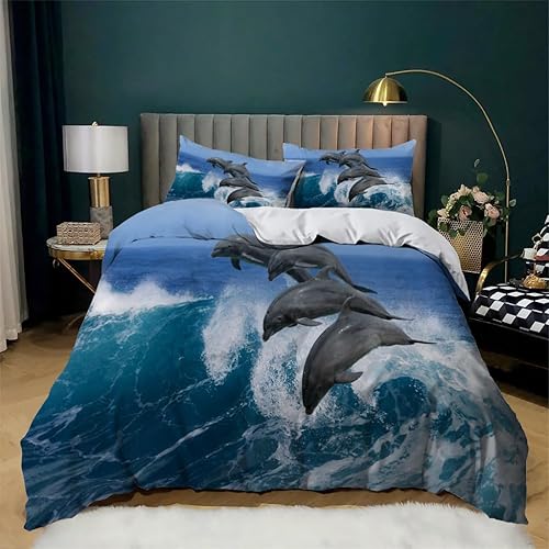 Dolphin Blue California King Duvet Cover Aquatic Creatures Print Bedding Soft Microfiber Comforter Cover and 2 Pillow Shams 20"X36", Bed Set Duvet