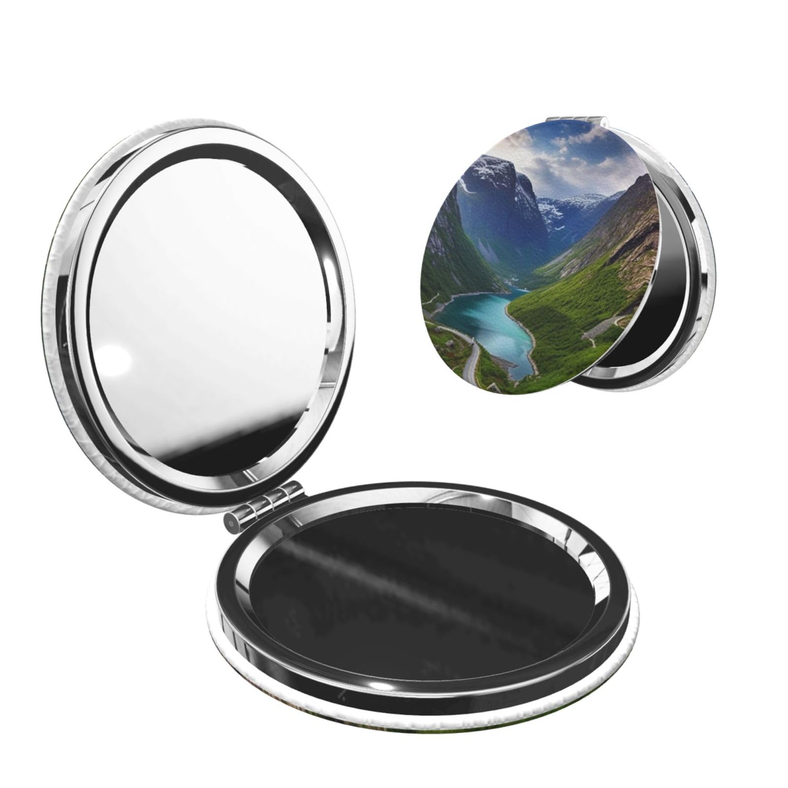 Fodpand Women's Round Shape Norwegian Fjords Compact Mirror For Purse, 2X/1X Travel Magnifying Mirror For Pu Leather Handheld Makeup Mirror For Girls, Folding Beauty Mirror Portable Pocket Cosmetic Mirror