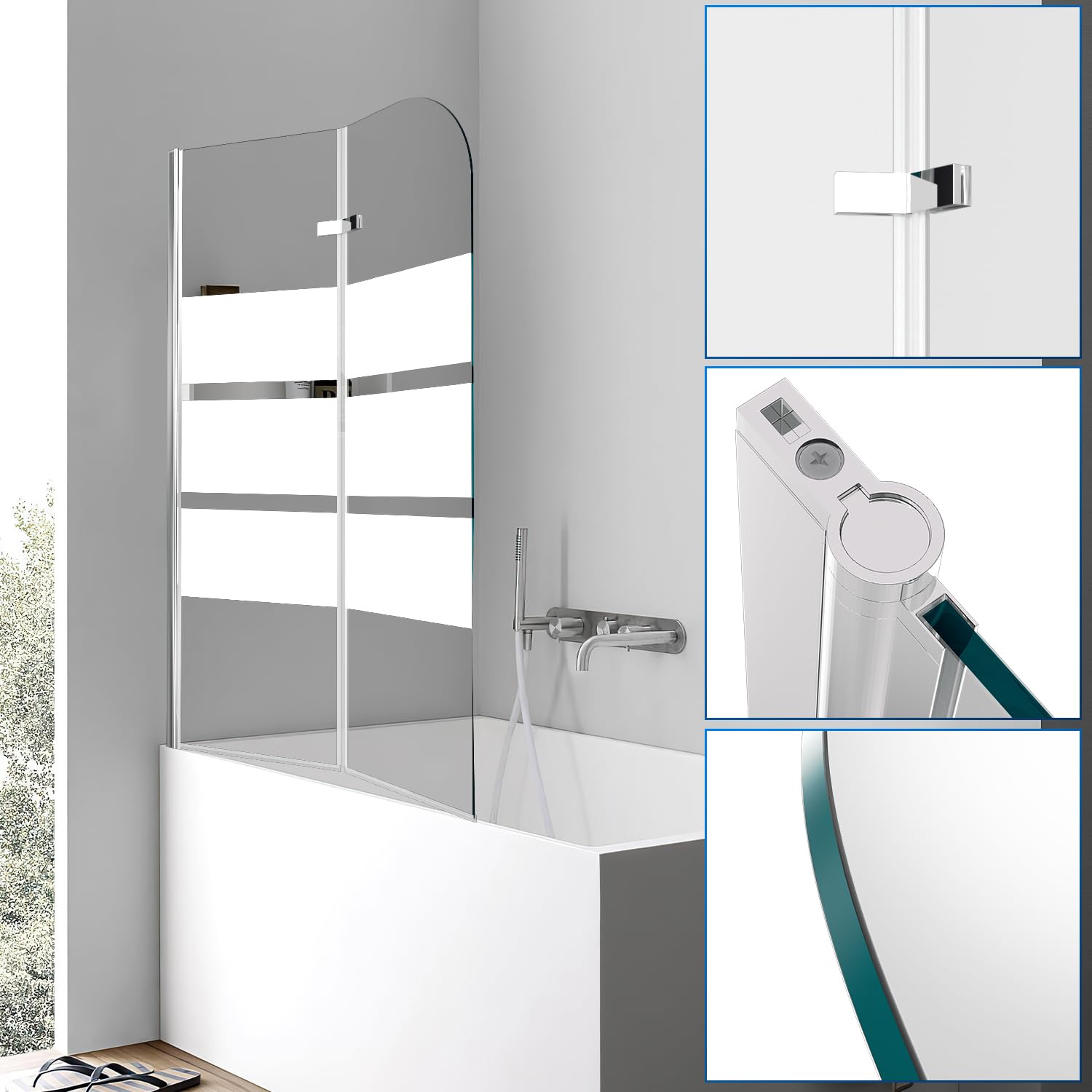 Faltbare Duschwand für Badewanne 100x140cm, 2 teilige Glas Duschtrennwand aus 6mm Sicherheitsglas (ESG), Badewannenaufsatz, Weiße Streifen