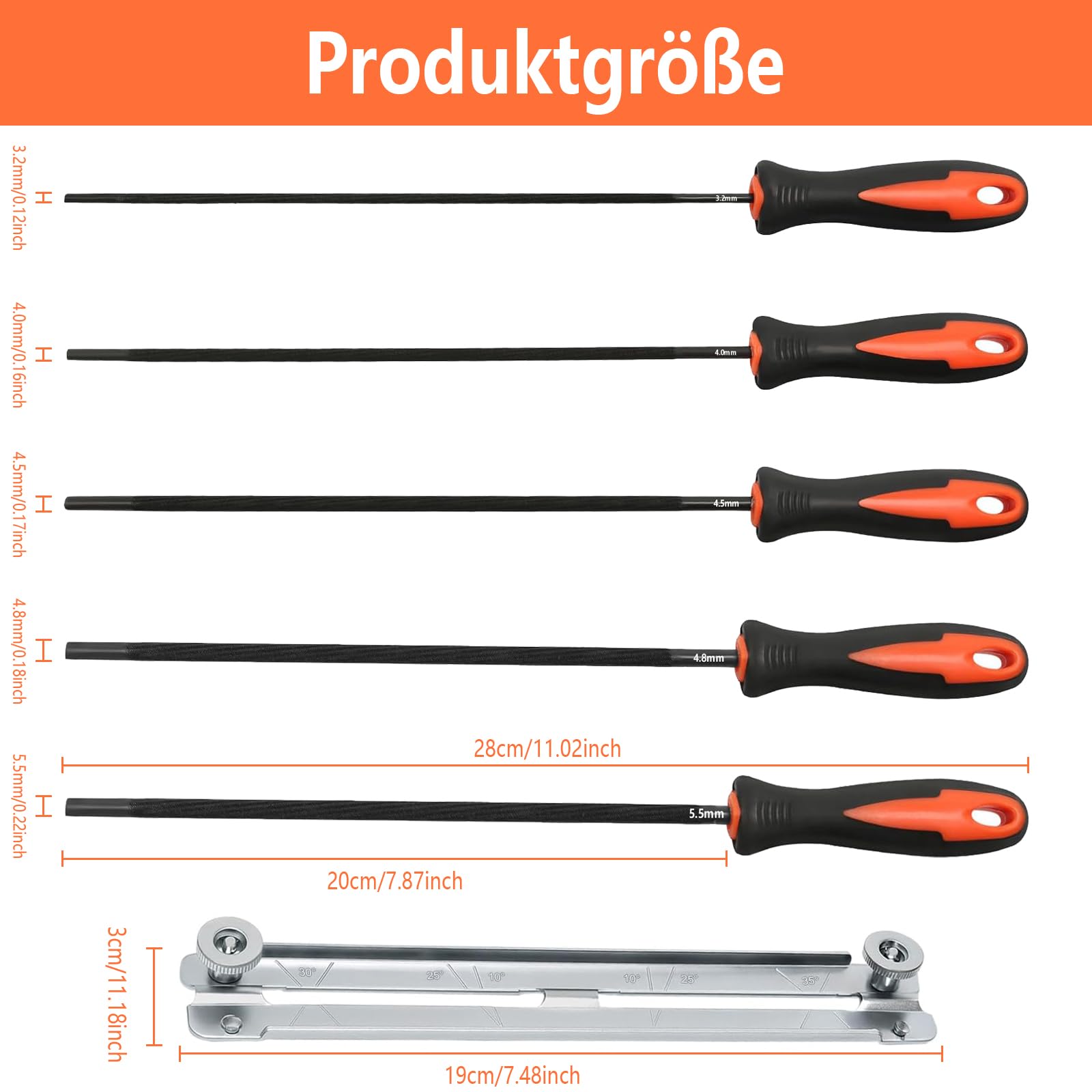 Set di 5 lime per motosega, di alta qualità, con supporto per lima, 5 misure (3,2/4,0/4,5/4,8/5,5 mm), lima per motosega, ideale per professionisti e fai da te