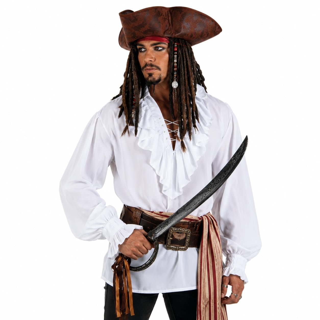 Wicked Costumes Mens Pirate Shirt Fancy Dress Costume – Buccaneer Renaissance Vampire Steampunk Medieval Top Outfit - Large