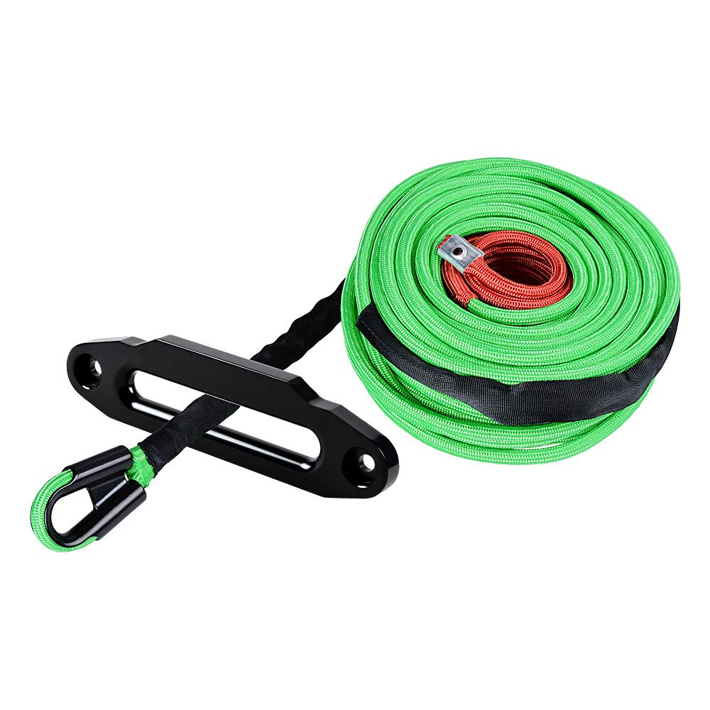 AMOPACORP Green 95 feet 3/8 inch Synthetic Winch Rope with All Rock Guard Sheath and Black 10 inch Standard Hawse Fairlead for SUV Pick Up Truck Off-Road