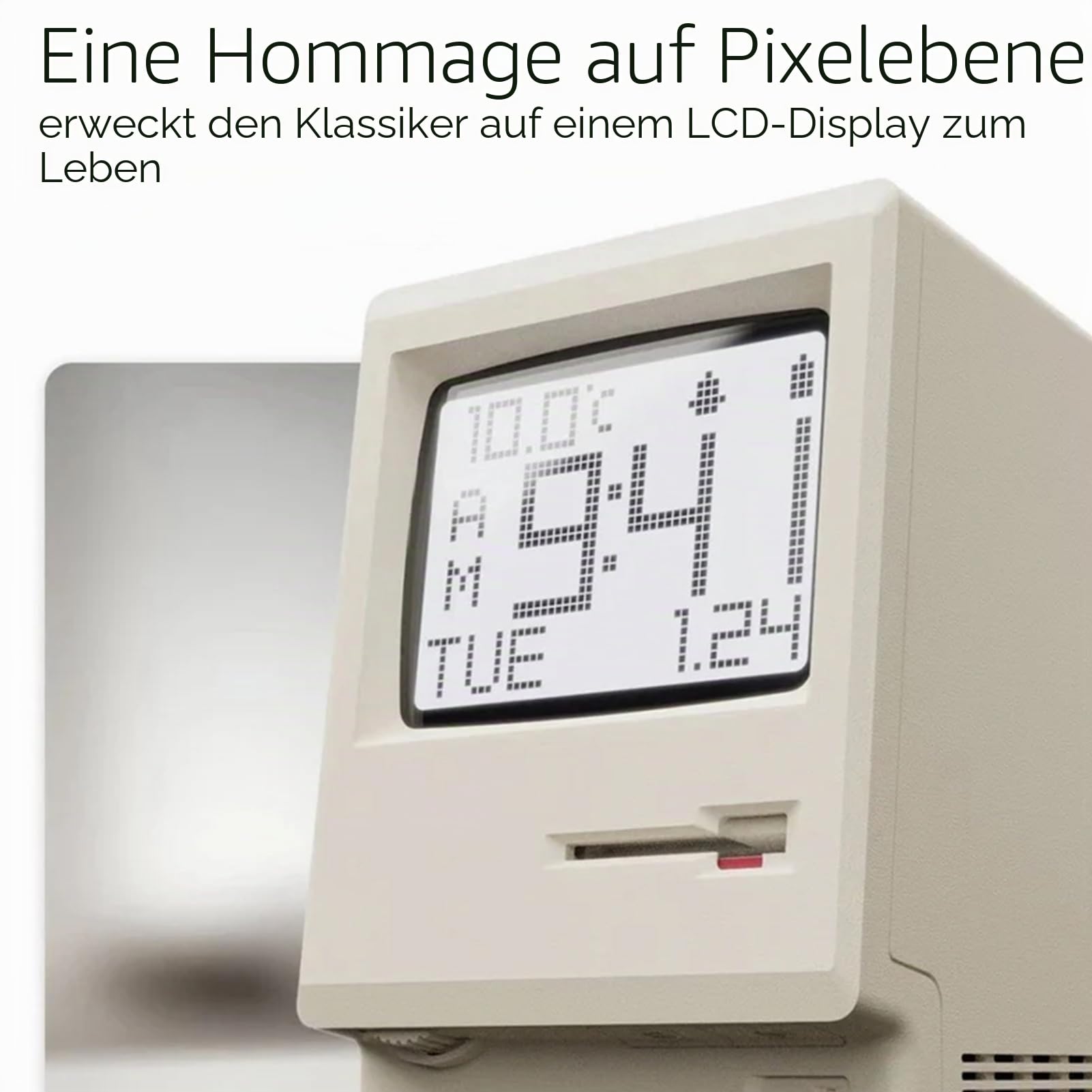 Maclock WB-8 Retro-Pixel-Wecker, elektronische Digitaluhr im Stil eines Computers aus den 80er Jahren von 1984 mit großem LCD-Display, USB-Tischuhr für das Schlafzimmer, mehrere Weckfunktionen, Kalend