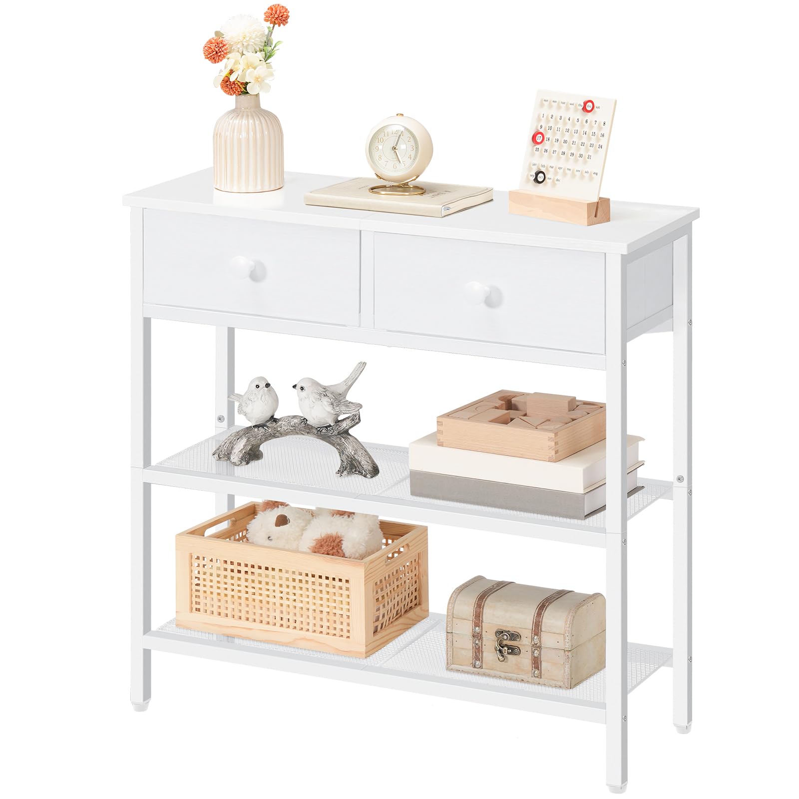 HOOBRO Schmaler Konsolentisch, 75 cm Flurtisch mit Schublade und 2-stufigen Ablagefächern, Beistelltisch, Kleiner Ausstellungstisch, Sofatisch, Eingang, Flur, Weiß EWW72XG01G1