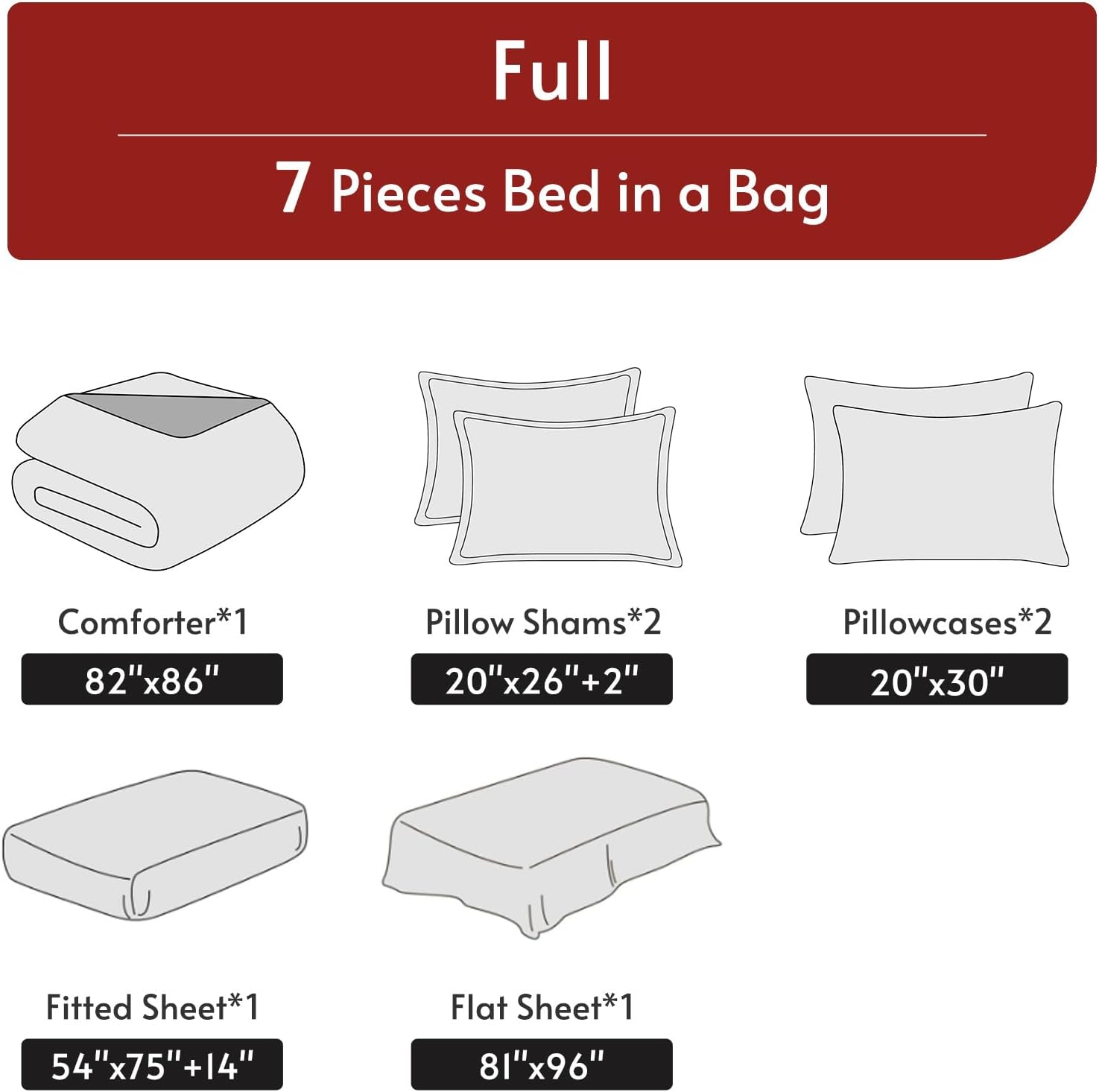 MUXHOMO 7 Pieces Full Comforter Set, Reversible Bed in a Bag Full Size, All Season Bedding Set with Comforter, Flat Sheet, Fitted Sheet, Pillowcases & Shams, Red & Black - Image 5