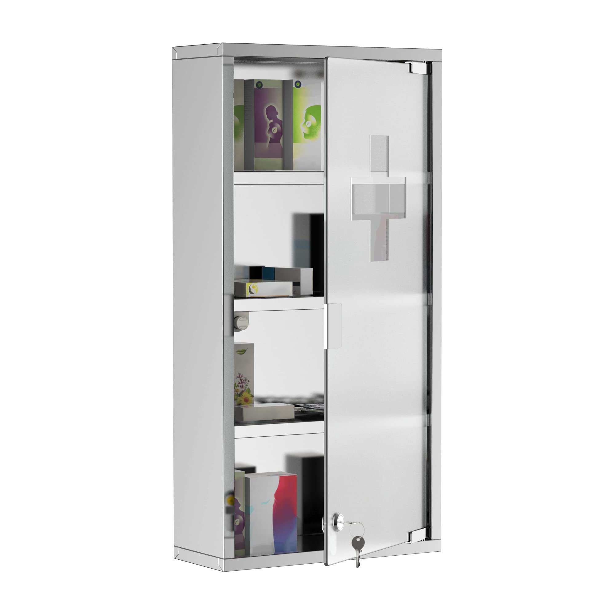 HOMCOM Lot de 2 Armoires à Pharmacie à 4 Niveaux, Porte Verre trempé, Symbole Croix, Acier Inoxydable brossé, 30L x 12l x 60H cm, Argenté