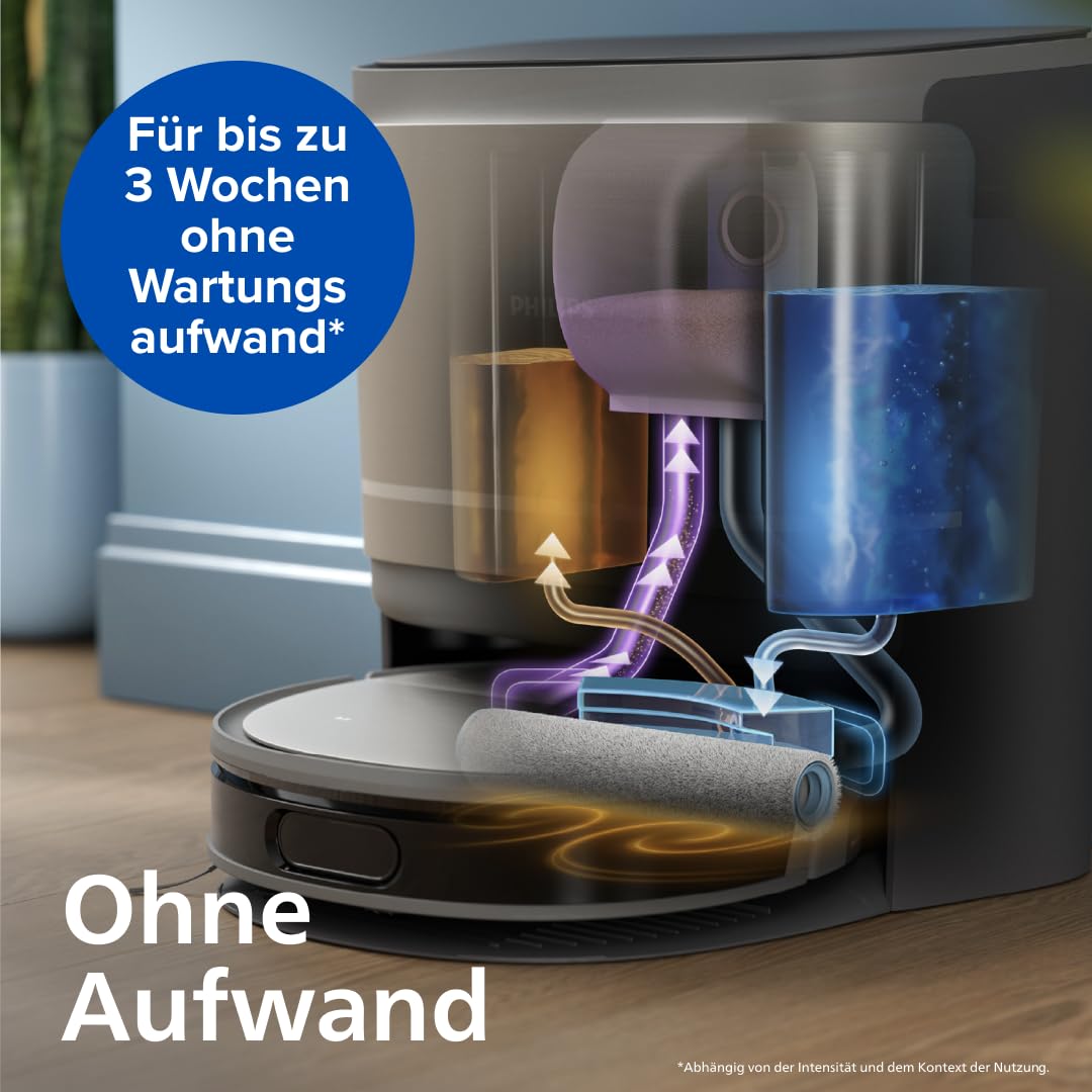 PHILIPS Saugroboter 9000 Serie mit Wischfunktion, Grau, 280 Min. Laufzeit | Auto-Staubabsaugstation, 300 ml Staub- & 260 ml Wasserbehälter, rollender Wischmop (XU9100/10)