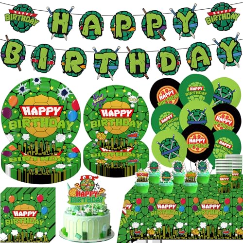 104pcs Birthday Decorations Tableware Set for 20 Guests Include Banner Paper Plates of 2 Size Napkins and Paper Cups Cake Topper Balloons and Plastic Tablecloth