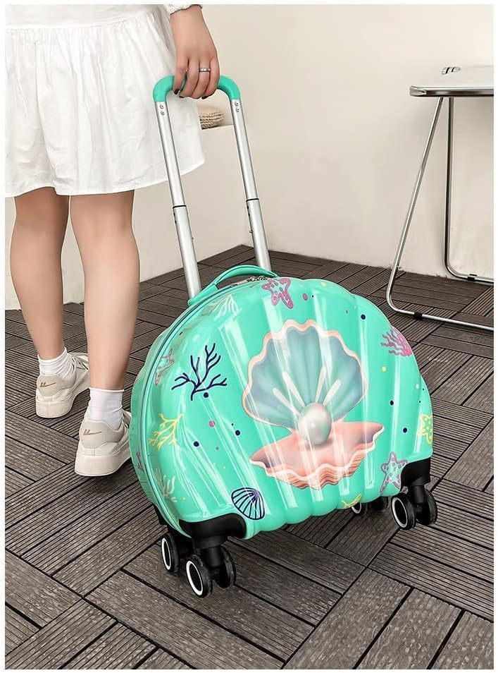 Image of ADSON Children 3D Cute Mermaid Sea Shell Design Pearl Print Kids Trolley Bag Cabin Suitcase for Children Teens 360 Travel Trolley Child Hardsided Suitcase Boy Girl Luggage (Mermaid Sea Green)