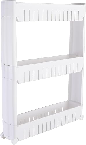 Simplify Carrito de almacenamiento delgado de 3 niveles  Organización multiusos  Ruedas  Espacio pequeño  Lavandería  Cocina  Baño  Oficina  Blanco