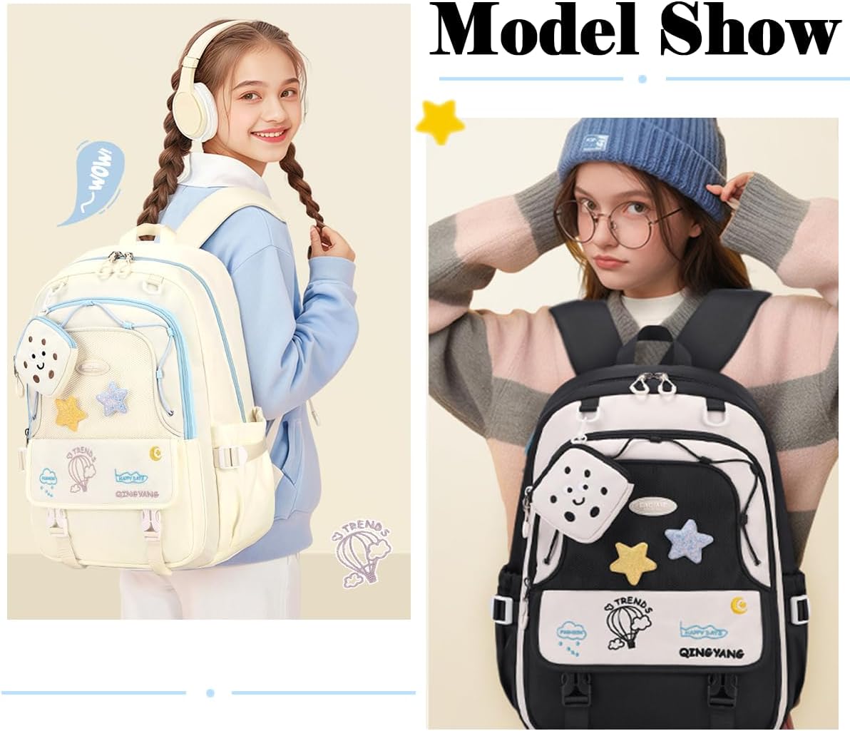 Girls Backpack Cute Star Bookbag for Elementary Middle School Kids Teens Kawaii Book Bag Preppy Y2k Aesthetic Back Pack 6-8 8-10 10-12 (Black)
