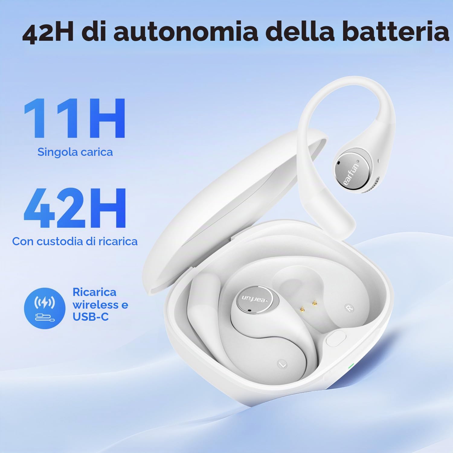EarFun OpenJump Cuffie Open-Ear Sport, Auricolari Wireless Bluetooth | Hi-Res Audio, LDAC,42 Ore, Ricarica Wireless, Chiamate Chiare IA, Modalità Gioco, Connessione Multipunto, IPX7, Bianco