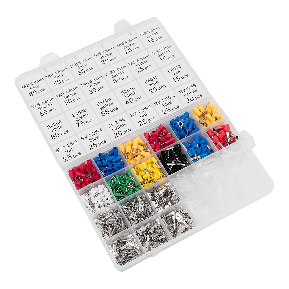 Kit di strumenti per crimpare cavi con ganasce intercambiabili, pinza a cricchetto e 850 terminali isolati 22-10 AWG (0,5-6,0 mm²), borsa per il trasporto organizzata