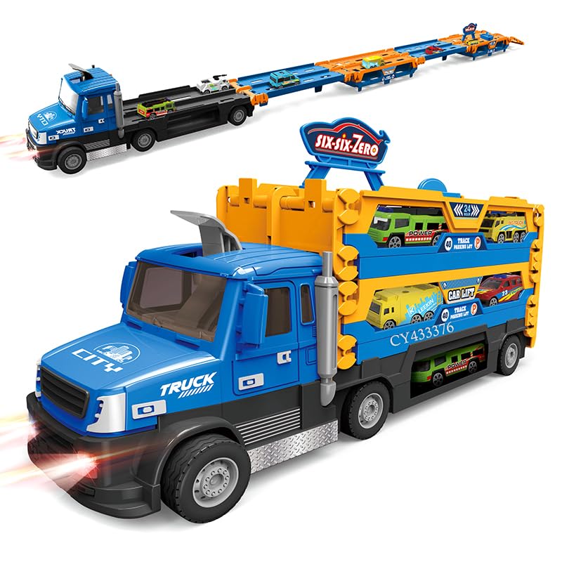 Image of Happy Hues Big Hauler Storage & Deform Truck Toy with 55 inch 2 Ejection Race Track & 6 Cars- Catapult Truck with LED Light & Music for Kids (Blue & Yellow)