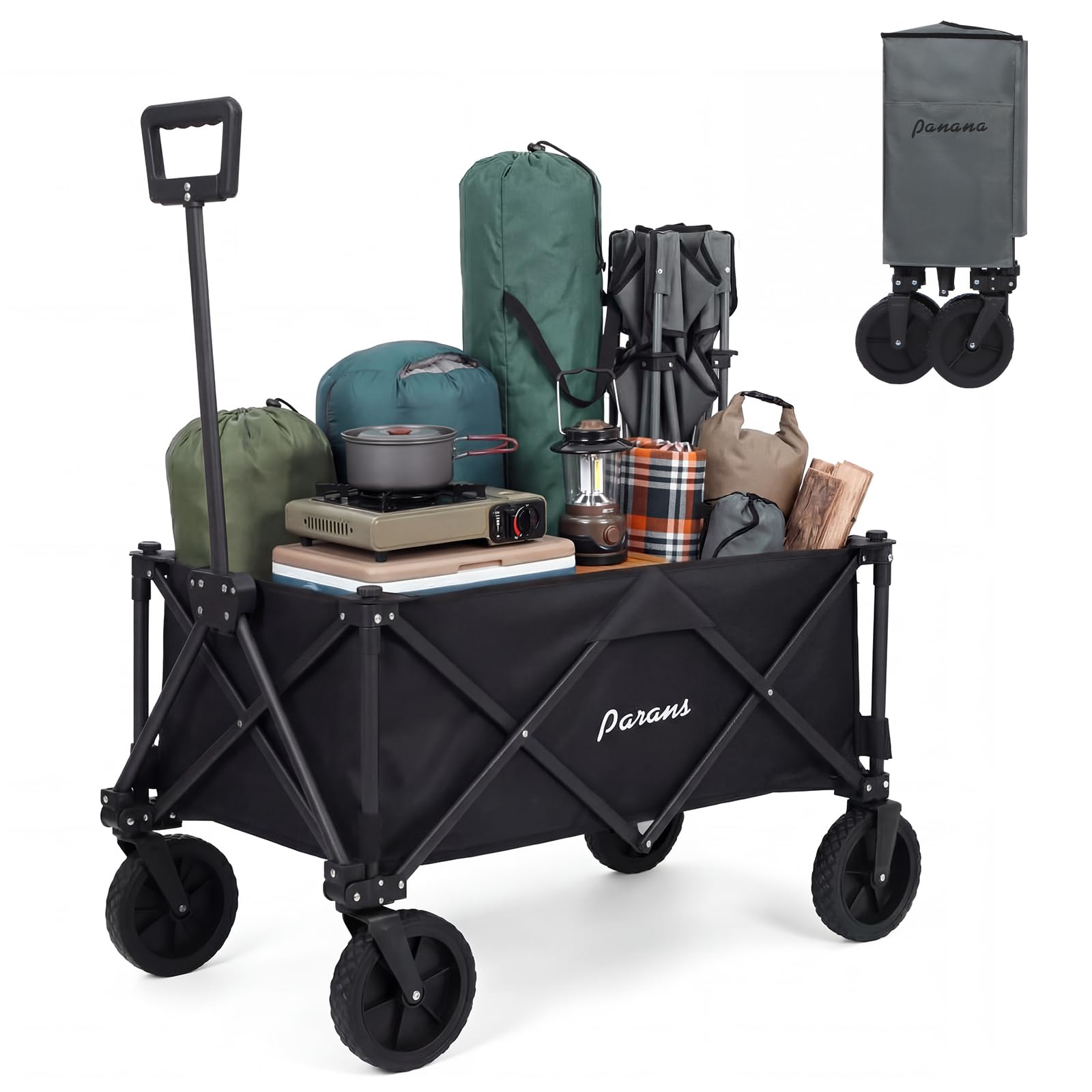 Panana Black Folding Trolley With Wide Wheels, Foldable Wagon, Portable Camping Cart, Collapsible Trolly With Adjustable Handle, Shopping Trolley Foldaway For Easy Storage (, 150L)