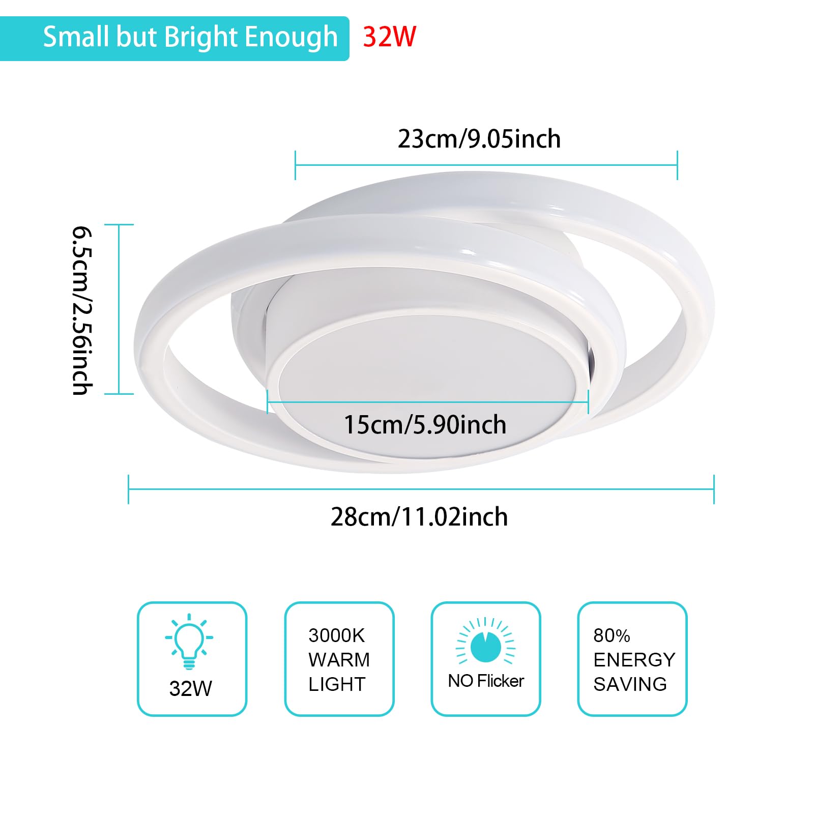 Comely lampa sufitowa LED, okrągła lampa sufitowa, ciepła biel 3000 K 32 W, nowoczesna lampa sufitowa LED do korytarza, kuchni 28 cm