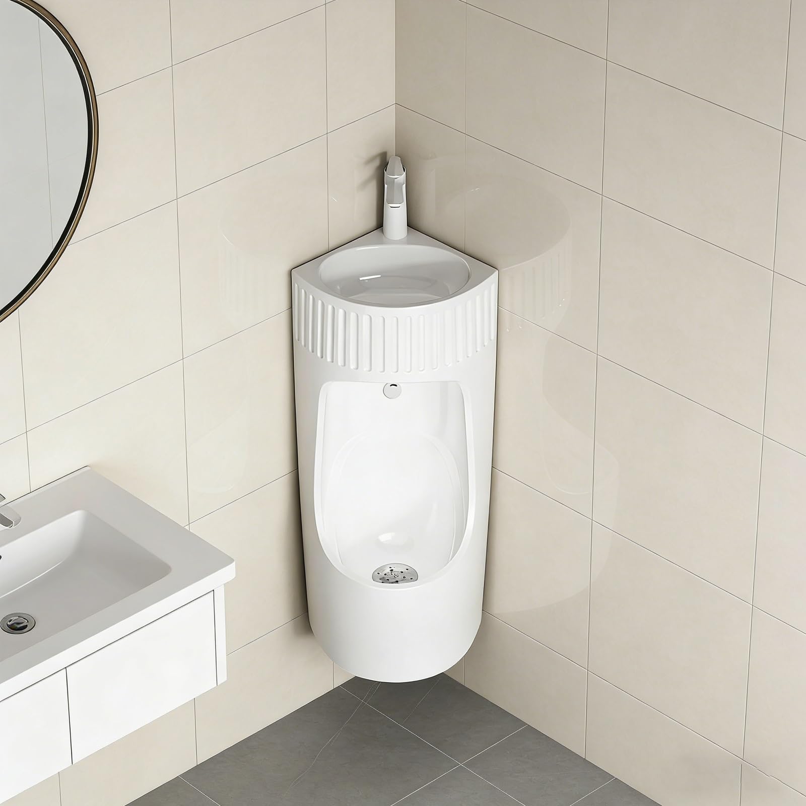 Narożne pisuary dla mężczyzn z umywalką ręczną, odporny na zalanie, odporny na zachlapanie ceramiczny pisuar, przeciwzapachowy spłukiwany pisuar do domowej łazienki, hotelu