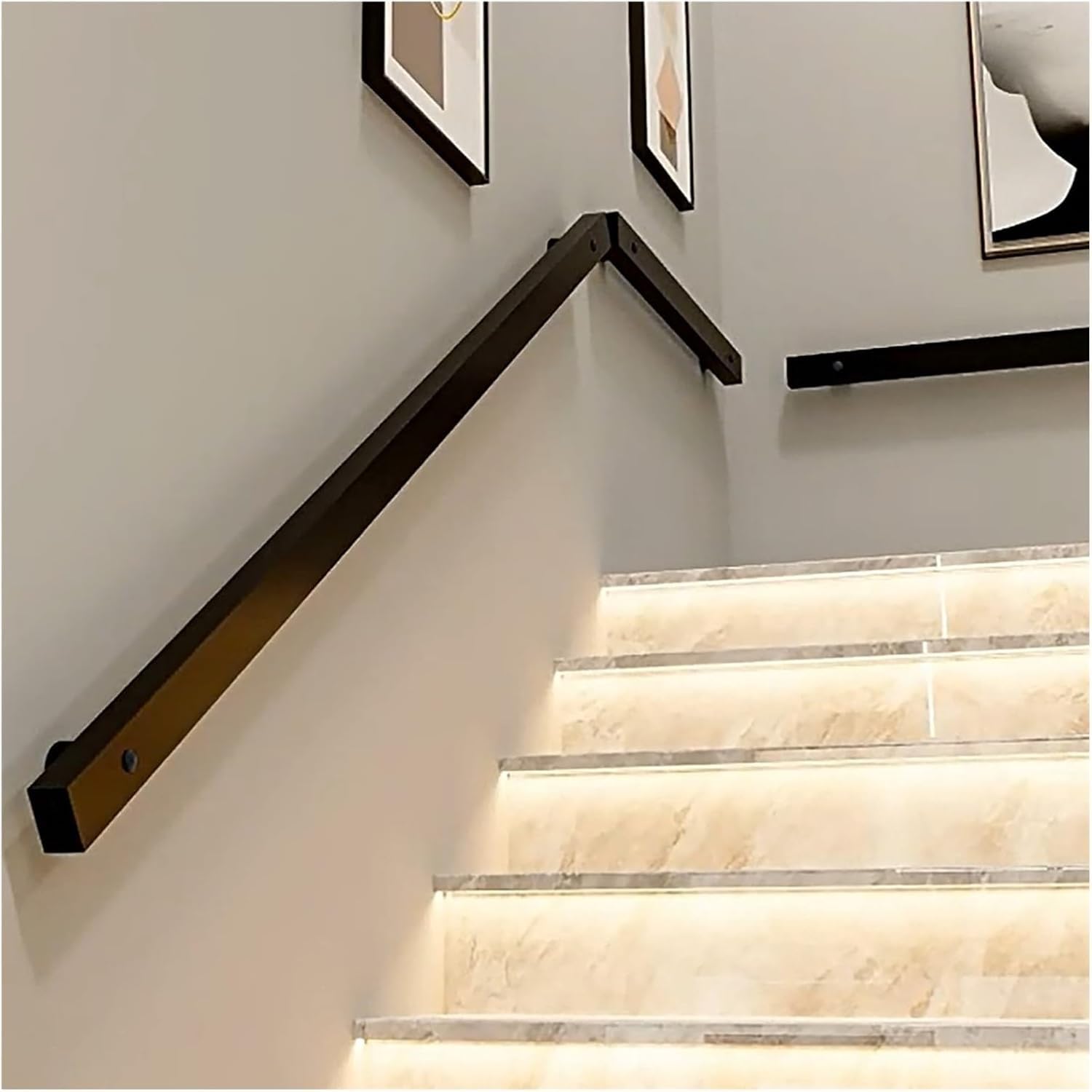 LWJSOCP Indoor Stair Railing Handrail Kit Wood Grain Finish Anti-Slip Grab Bar 9.5ft/2.9m Barrier-Free Support Durable Black Staircase Safety Solution