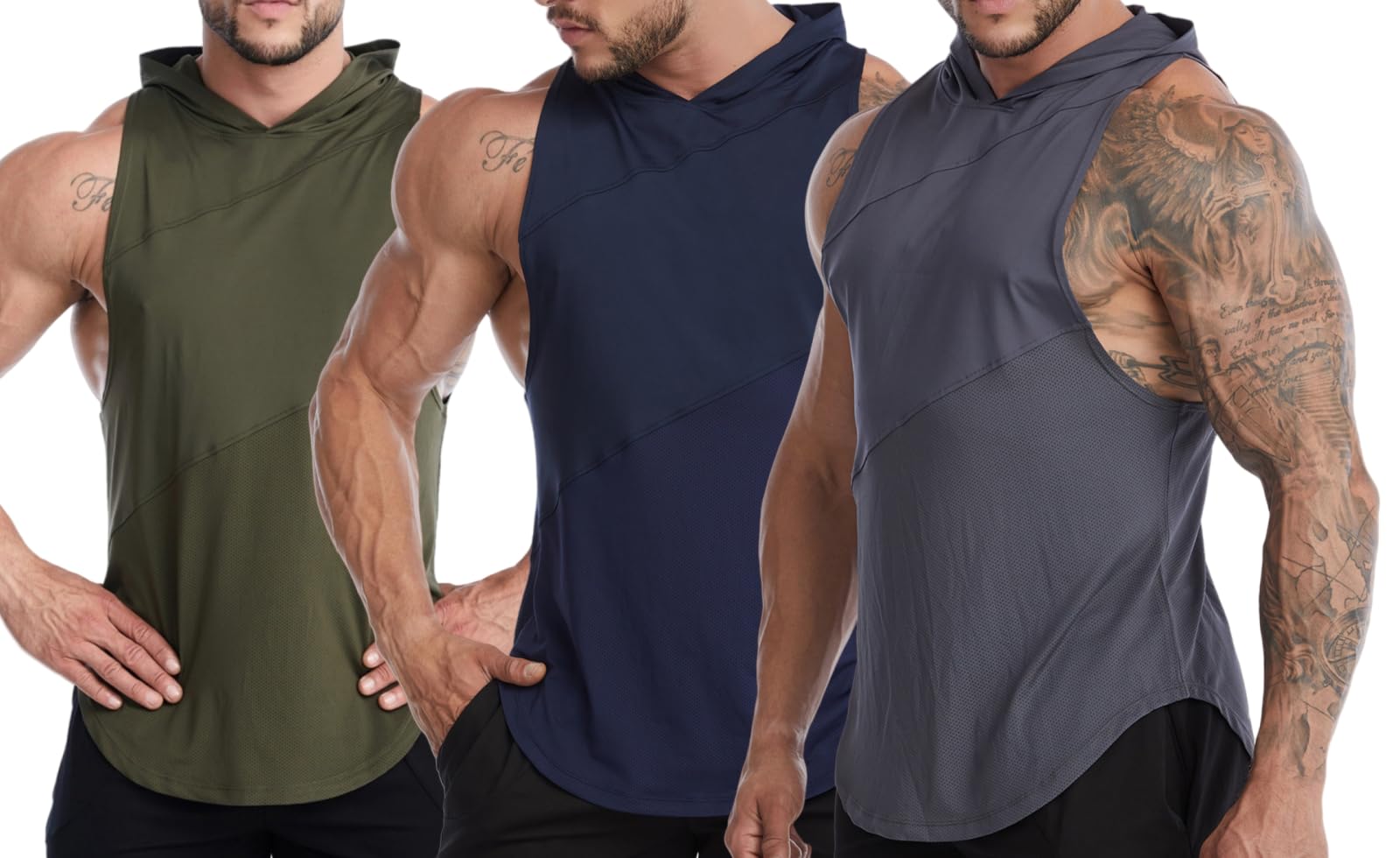 Convenientto 3-pak koszulek treningowych bez rękawów z kapturem, męskie odprowadzające wilgoć, szybkoschnące koszule bez rękawów, bluzy z kapturem tank topy