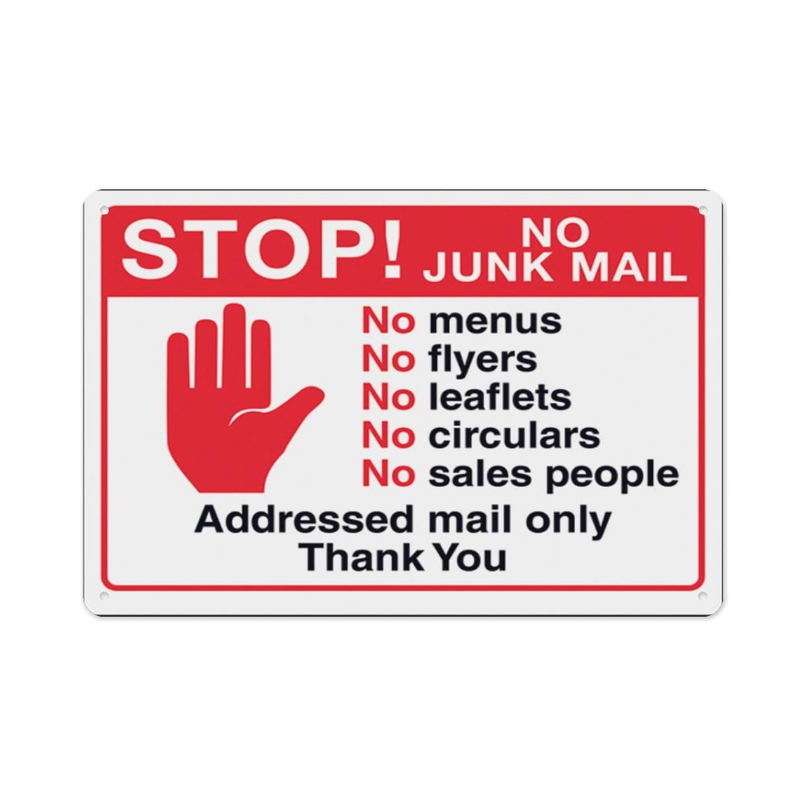 peiyeety Stop No Junk Mail, No Menus, No...Addressed Mail Only, Thank You Aluminum Tin Warning Signs For Home Outdoor Garden 8X12 Inches
