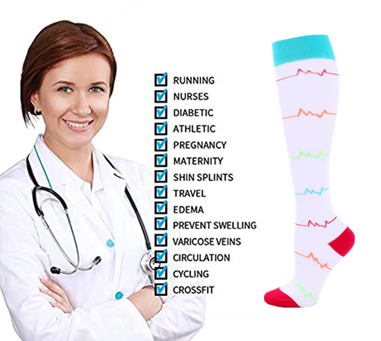 6 paires de chaussettes de compression 20-30 mmHg pour hommes/femmes infirmi¨¨re de r¨¦cup¨¦ration course maternit¨¦ grossesse vol voyage m¨¦dical sant¨¦ sport