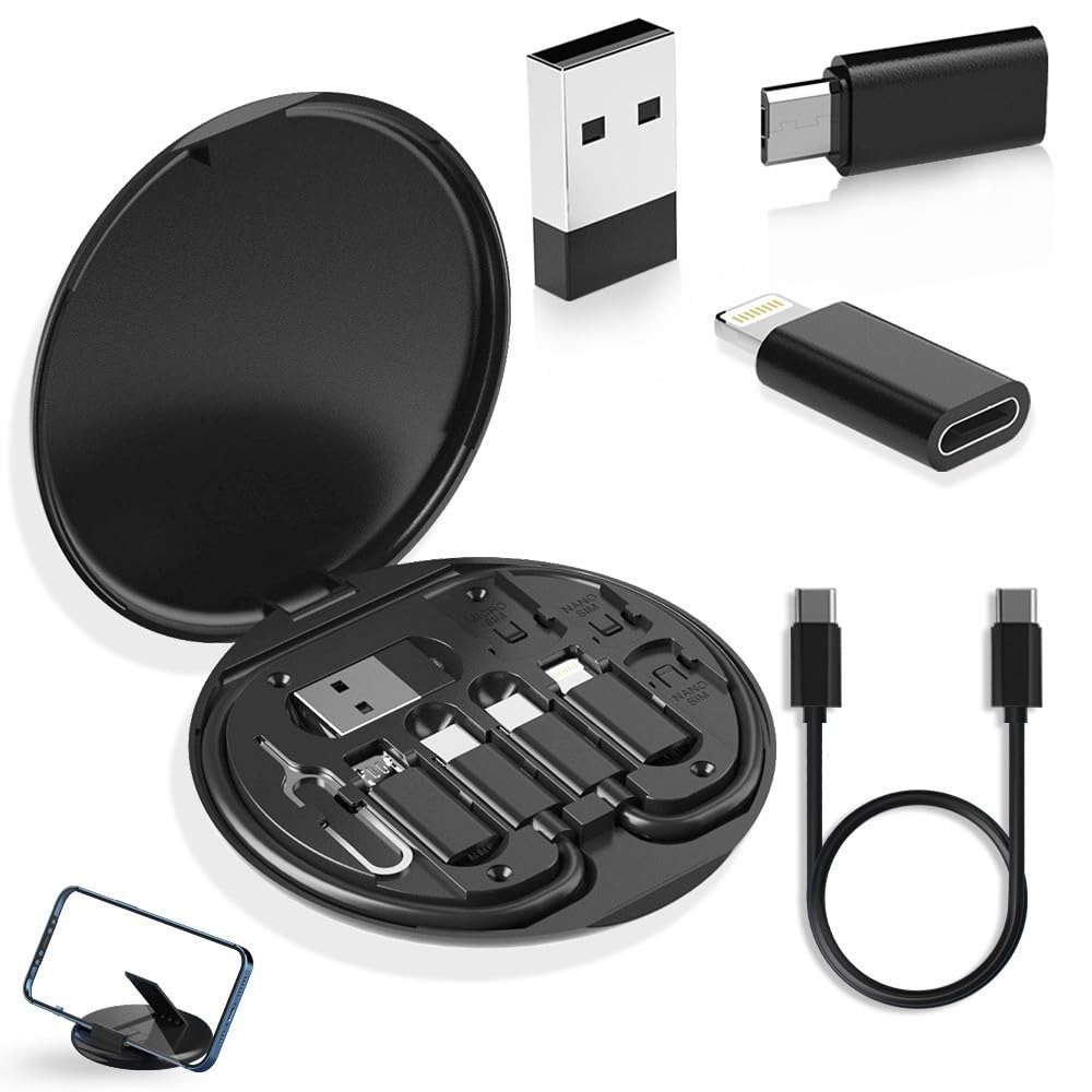 6-in-1 multi usb adapter set with type-c, lightning & micro connectors | fast charging & data transfer kit with sim card tray eject pin, storage box & hidden phone holder (black)