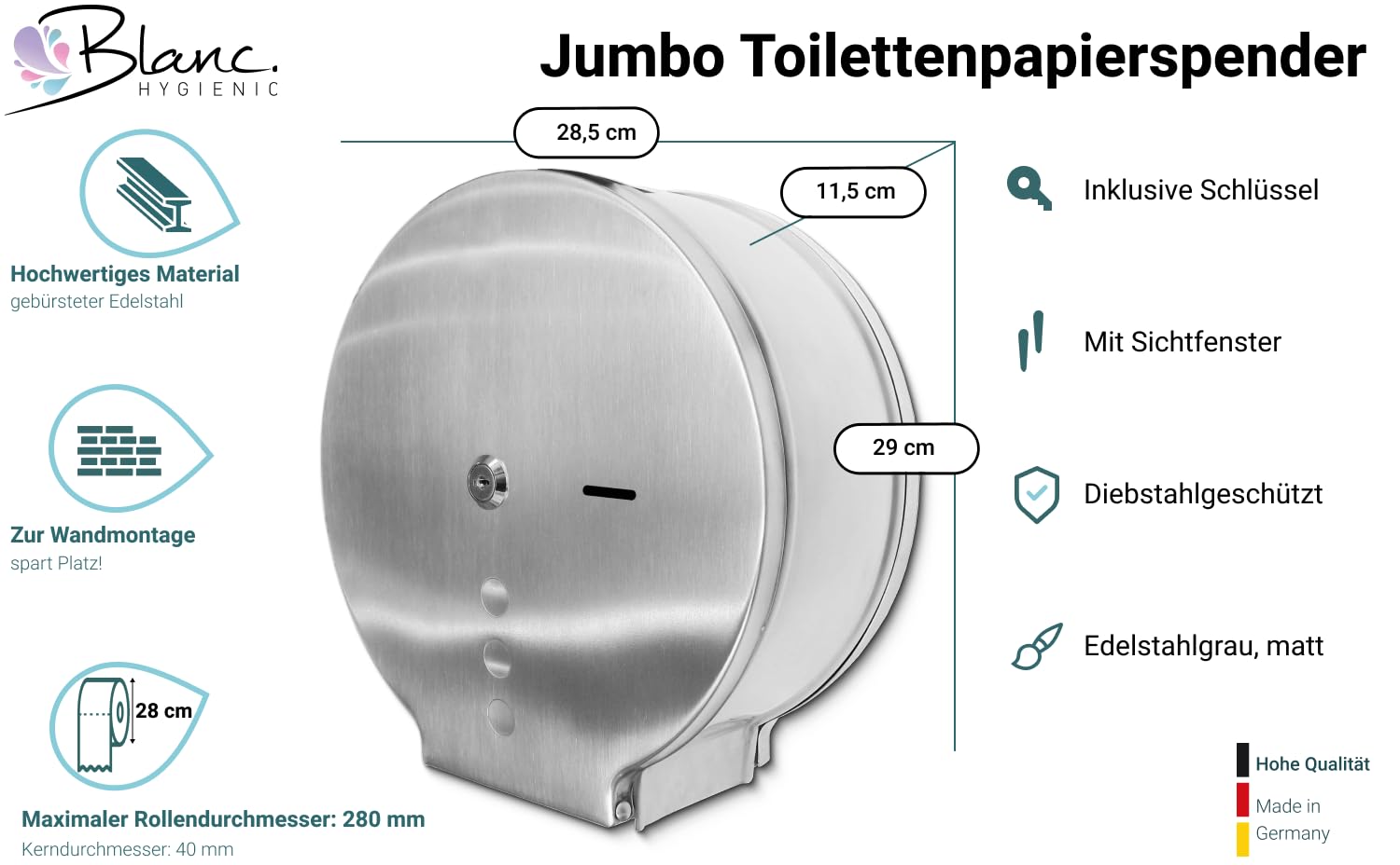 Set Maxi Jumbo Toilettenpapierspender Edelstahl | Edelstahl matt, inkl. 2 Jumborollen à 300 m, 100 % Zellstoff & abschließbar