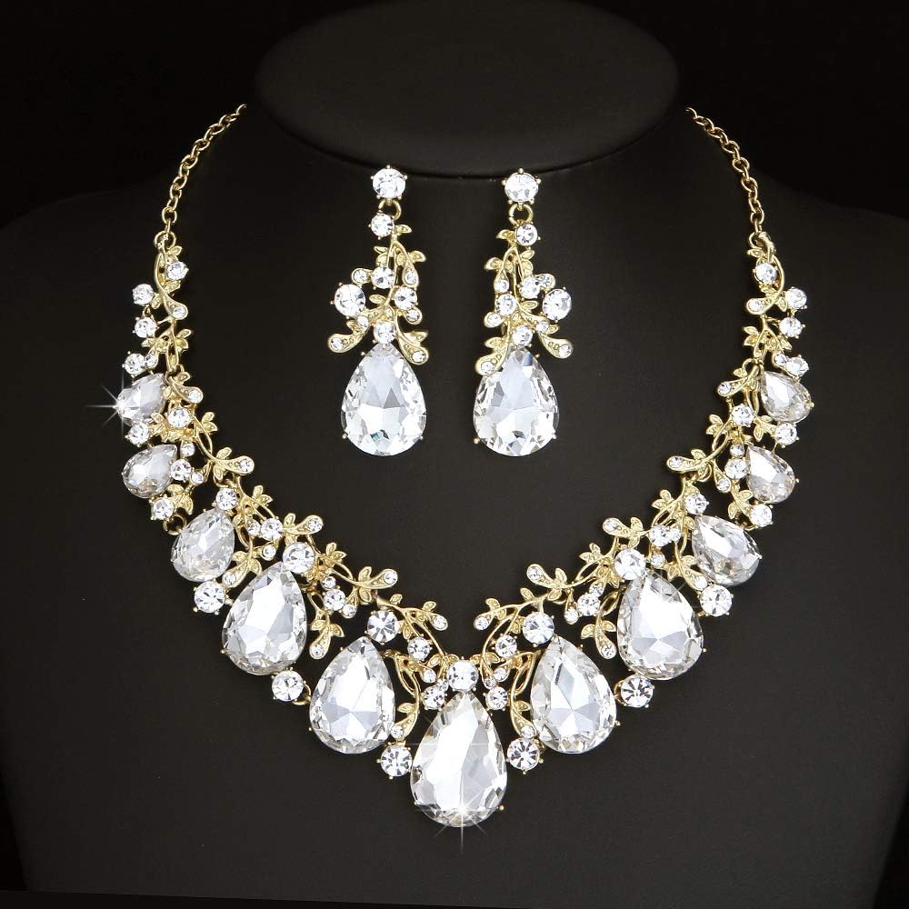 Molie Youfir Austrian Crystal Leaf Statement Wedding Necklace and Earrings Jewelry Sets for Women Formal Dress