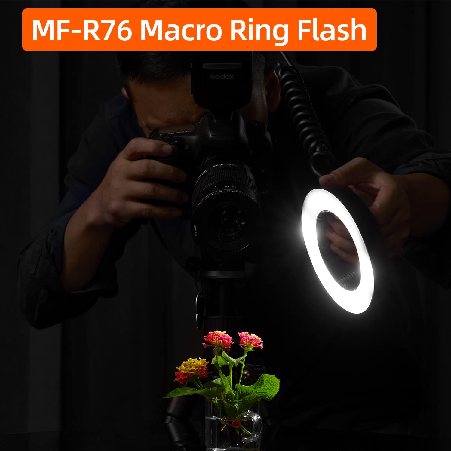 GODOX MF-R76 Flash Anello Macro 76 Ws 7,2 V / 2600 mAh Batteria Ricaricabile 660 Flash Piena Potenza 0,1-1,5 s Tempo Riciclaggio, Adatto per Fotocamere Canon Nikon Sony Fuji Olympus Panasonic Pentax
