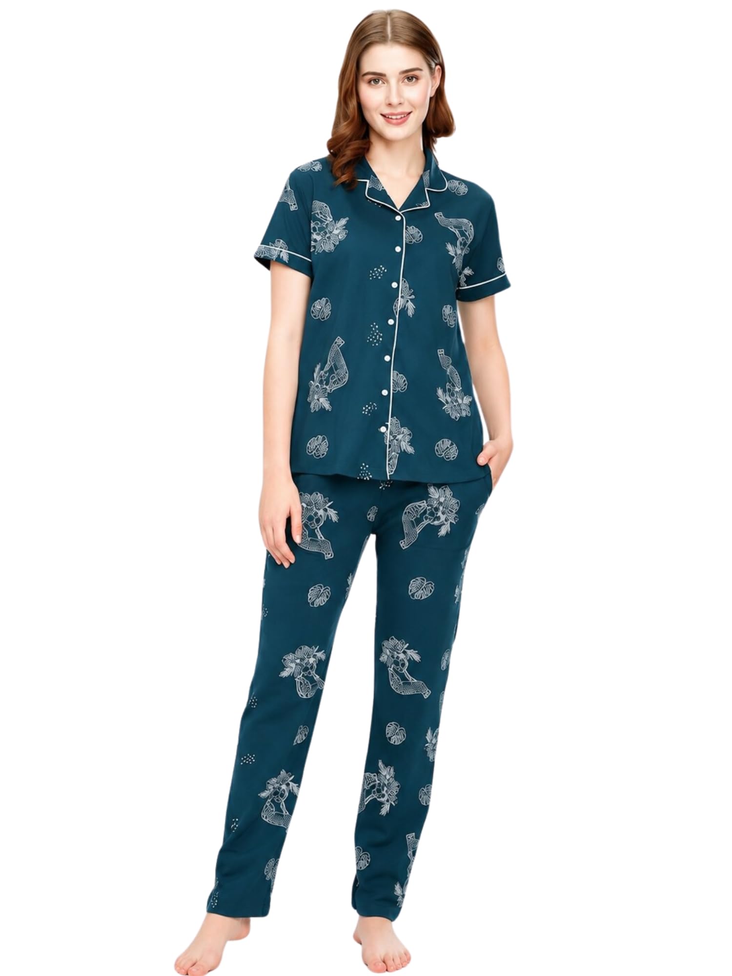 Rayon Grey Printed Night Suit Shirt and Pajama Set | Soft Viscose Rayon Sleepwear | Button Down Shirt Collar | 3/4th Sleeves | Comfortable Loungewear-image-11