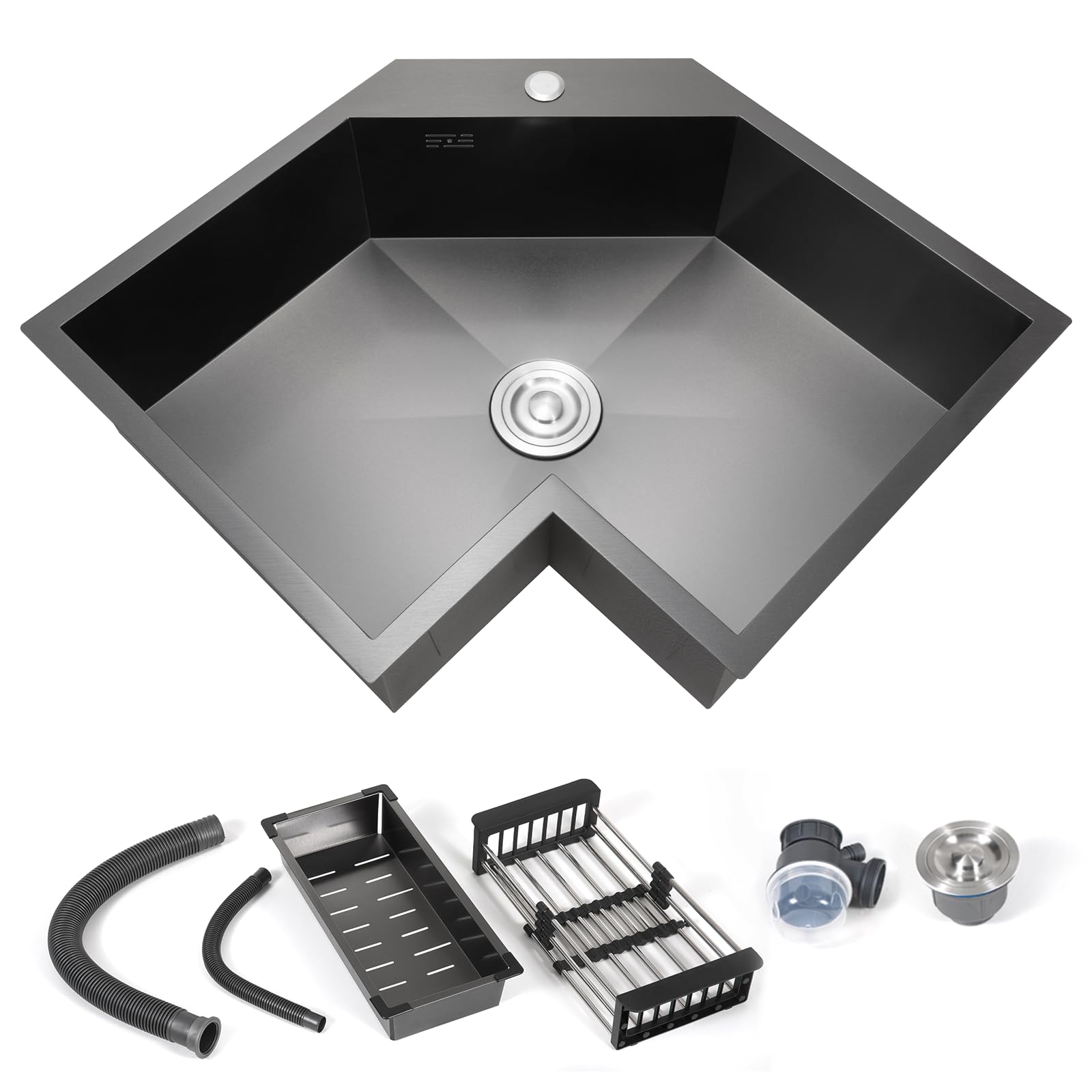 Photo 1 of Corner Kitchen Sink 25 Inch, Black Butterfly Sink, 304 Stainless Steel Corner Sink Drop In Undermount Workstation Sink with Drain Rack, Tray & Sound Dampening