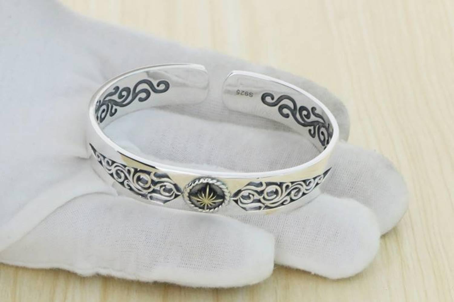 Brazalete Joyería Moda Plata Ley 925 Tang Patrón Hierba Pulsera Hombre Moda India Apertura Retro Pareja Pulsera Mujer