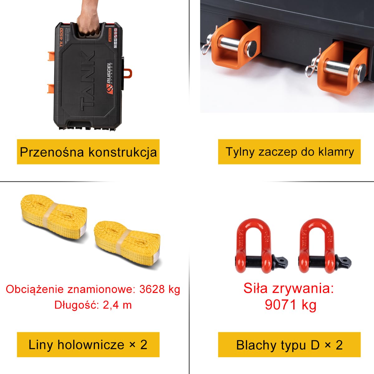 RUGCEL WINCH Elektryczna przenośna wciągarka użytkowa 12 V DC, 4500 lb/2041 kg, pojedyncza linia, ze stalową płytą montażową, zintegrowana prowadnica Hawse i syntetyczna lina, pilot zdalnego