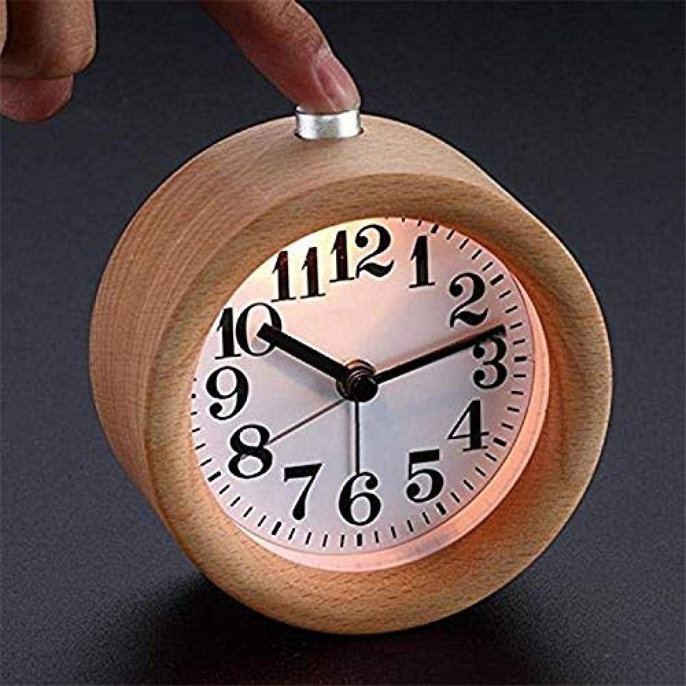 Alarm Clock Handmade Classic Small Round Wood Silent Desk Alarm Clock with Desk Lamp