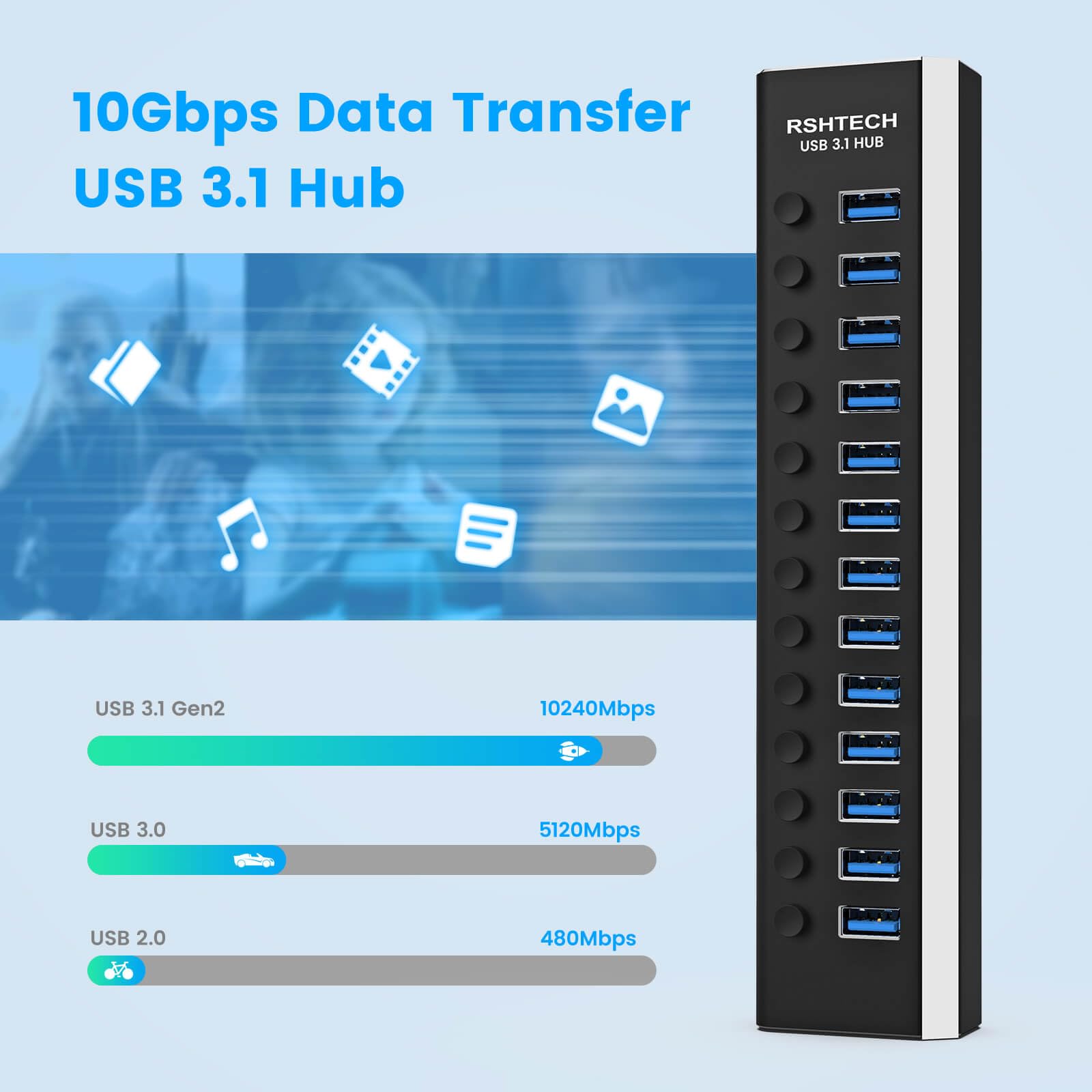 RSHTECH Alle USB Hub 3.2 Aktiv mit Netzteil (72W 12V/6A), RSH-A13 | 2 in 1 Datenkabel (Typ C&Typ A) & 13*10Gbps USB 3.2 Gen 2 Port, Aluminium - Zum Langsam Aufladen und Datenübertragung