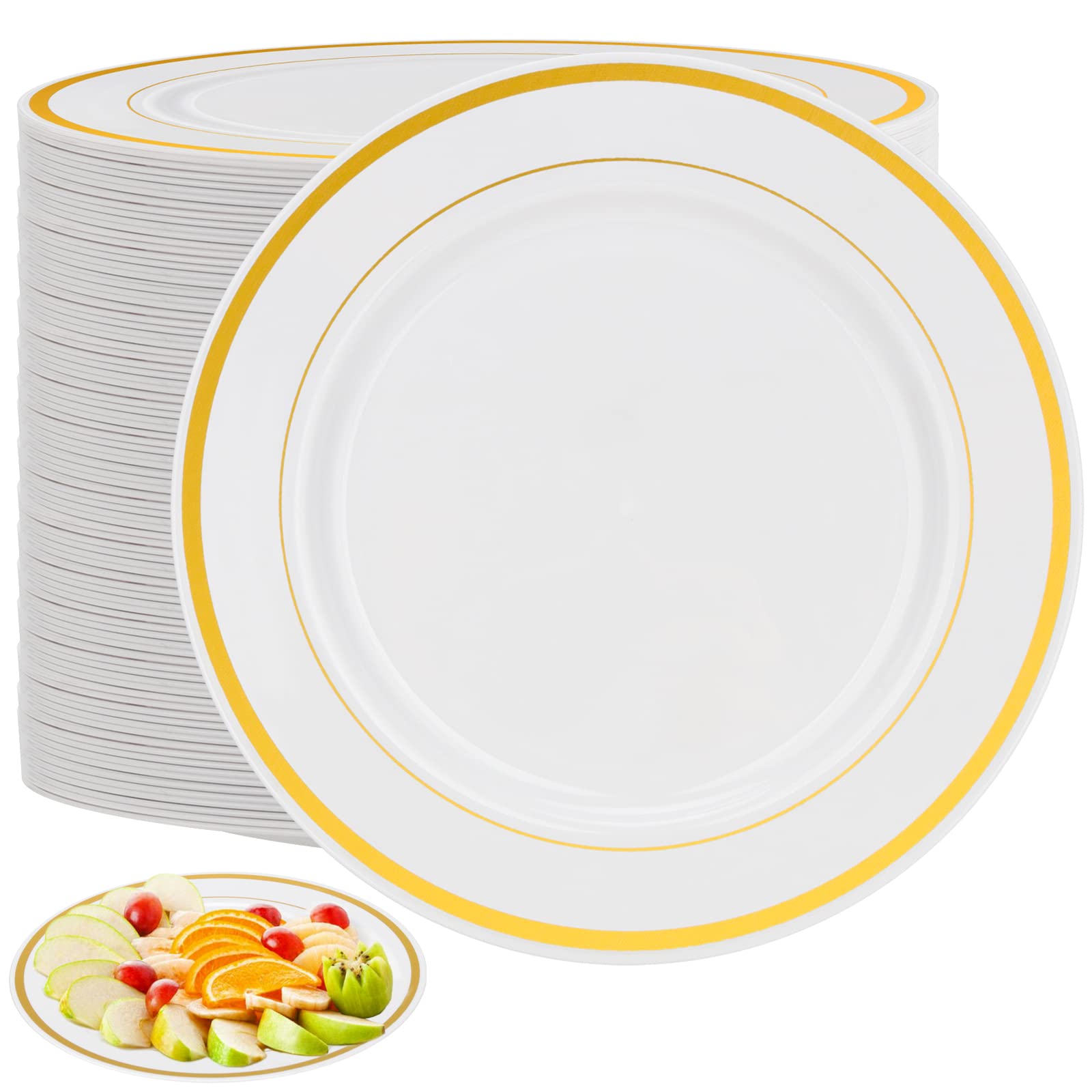MUKLEI Lot de 80 assiettes blanches en plastique avec bord doré 19.1 cm, petites assiettes à dessert en plastique pour fêtes, anniversaires, restaurations et pique-niques