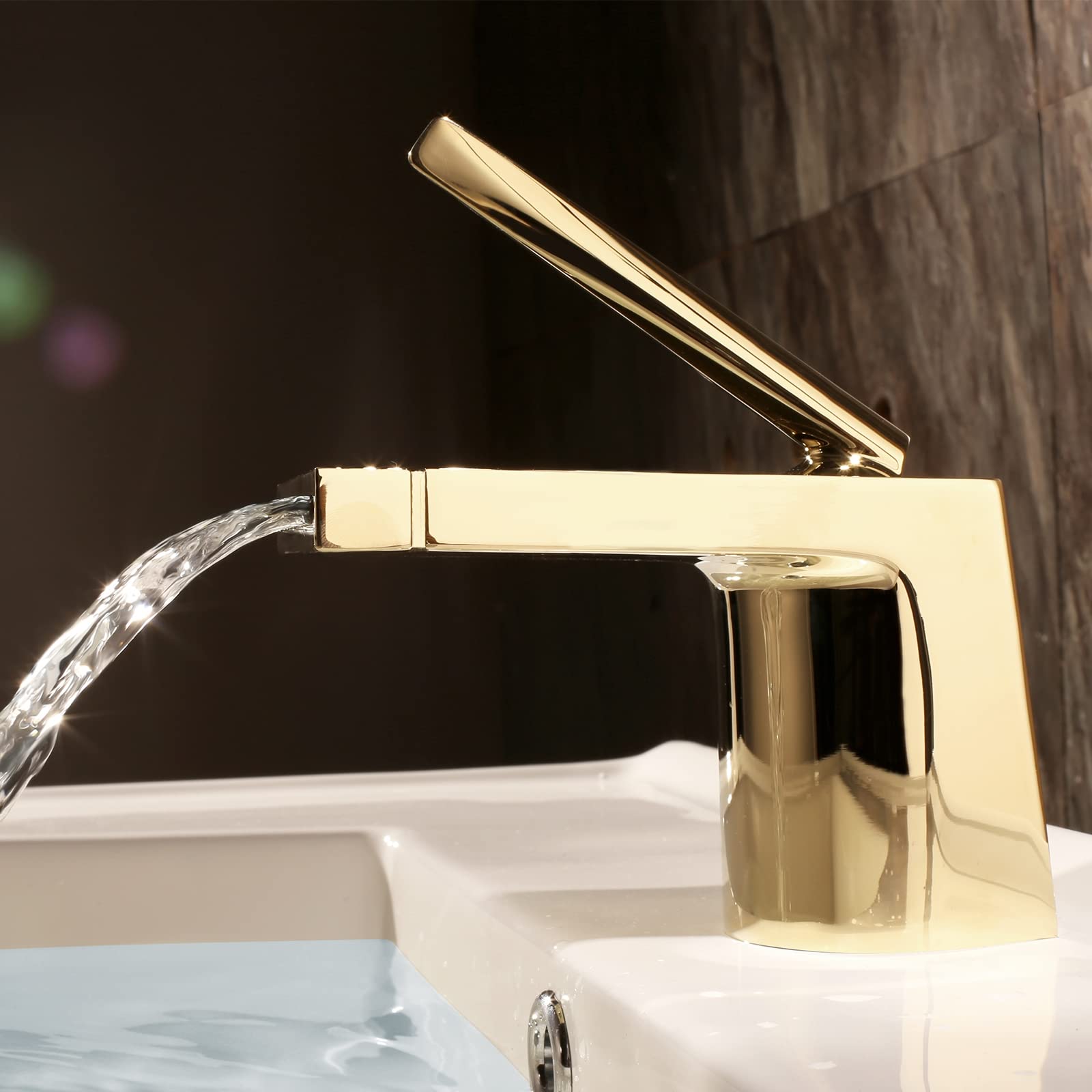 Rubinetto del Lavabo del Bagno a Cascata, Rubinetto del Lavabo Miscelatore Caldo e Freddo, Singola Maniglia Ottone Lavabo Rubinetto Lavandino Montato a Ponte Rubinetto Singolo Foro (Gold )
