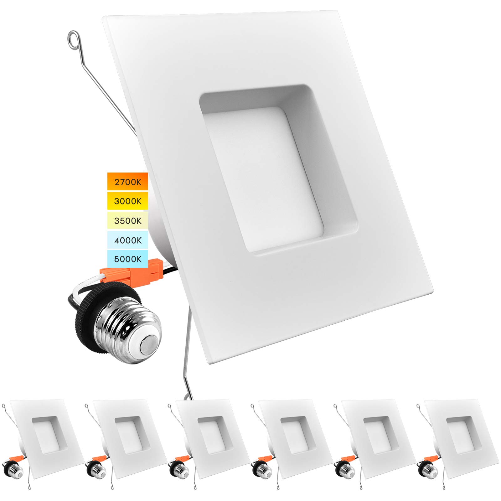 Luxrite Kwadratowe oświetlenie wpuszczane LED, 5/6 cala, 14 W = 90 W, 5 kolorów do wyboru 2700 K, 3000 K, 3500 K, 4000 K, 5000 K, ściemniana lampa typu downlight, 1100 lumenów, wskaźnik wilgotności